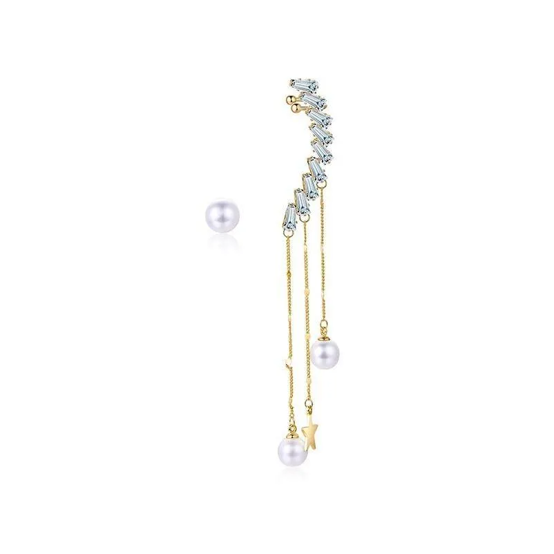 Dingle ljuskrona koreanska modesmycken zirkon simation pärla asymmetrisk stjärna tassel långa örhängen för kvinnor grossist droppleverans