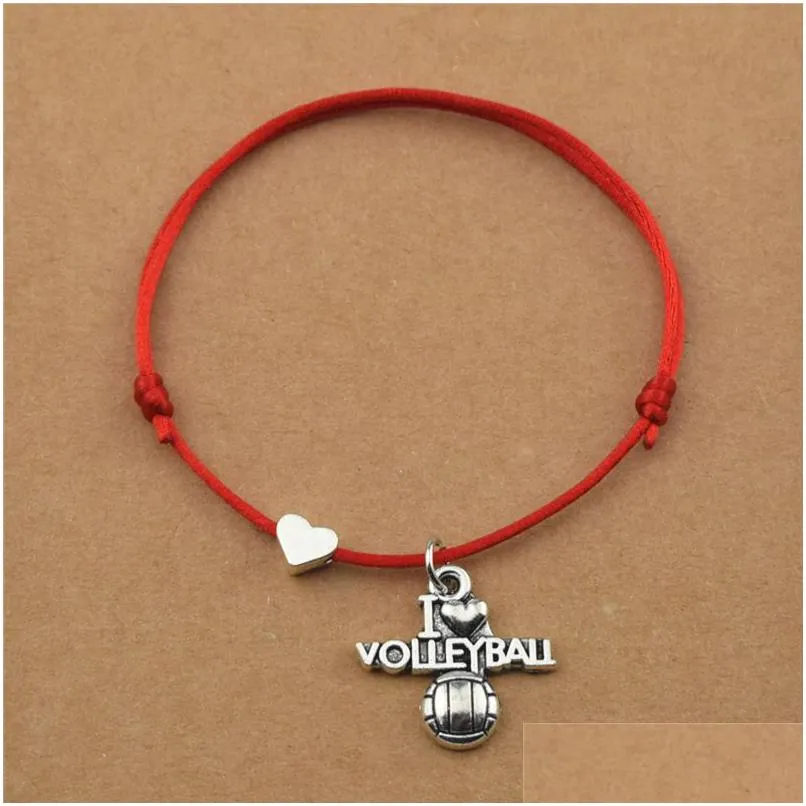 Braccialetti con ciondoli Regali fatti a mano I Love Pallavolo Calcio Baseball Pallacanestro Calcio Softball Ciondolo cuore Rosso Corda nera Corda Goccia D Dh0Rl