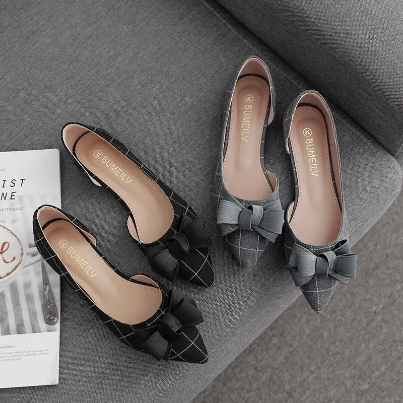 Chaussures habillées Femmes Talon Plat Chaussures Côté Vide Bowknot Lady Appartements Plaid Noir Gris Bout Pointu 31-45 Printemps Été Chaussures All Match Semelle Souple L230724