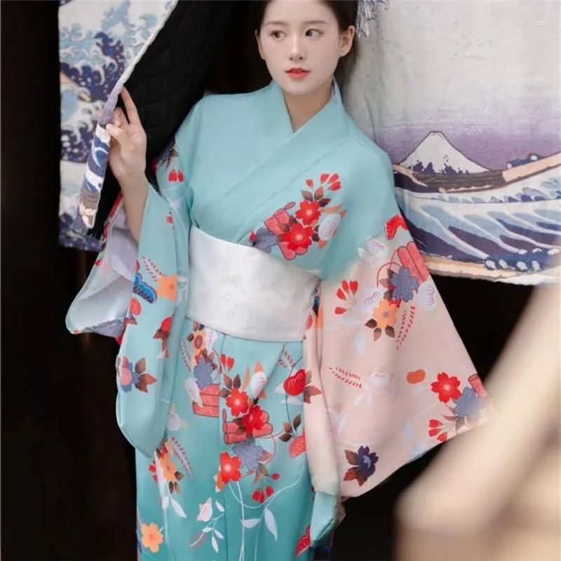 Ethnic Clothing 2023 Women's Japanese Traditional Kimono With White Obi Floral Printed Geisha Yukata Cosplay Costume Performing Pography
