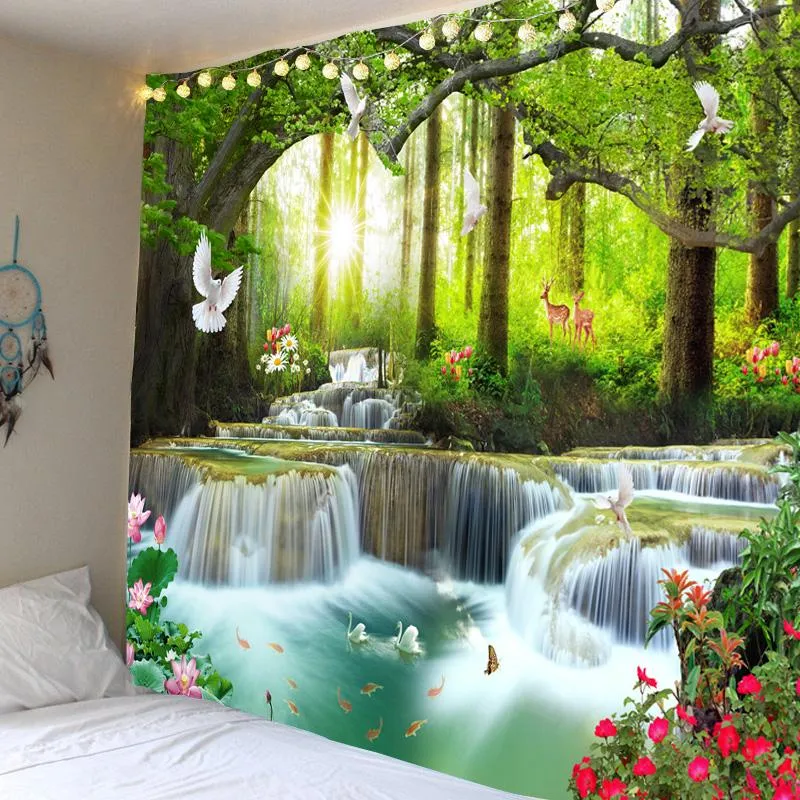Almofada bela floresta natural cachoeira impressa grande tapeçaria de parede vista para o mar hippie boêmio mandala tapeçaria decoração do quarto de casa tapiz