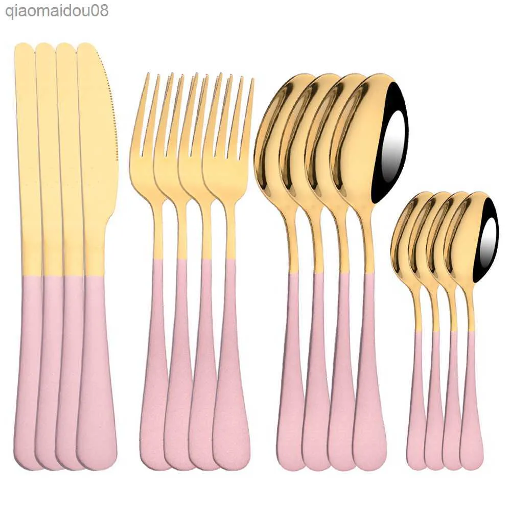 Set di posate in oro rosa Set di stoviglie in acciaio inossidabile 16 pezzi Coltelli Forchette Cucchiai da caffè Set di posate Set da tavola per la cena da cucina L230704