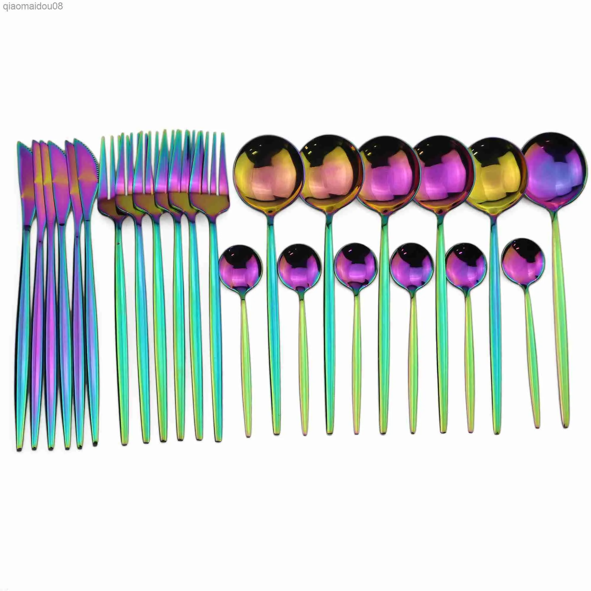 Set di posate arcobaleno da 24 pezzi Coltello in acciaio inossidabile Forchetta Cucchiaino Cucchiaino Set di stoviglie Set di posate Set di posate all'ingrosso L230704