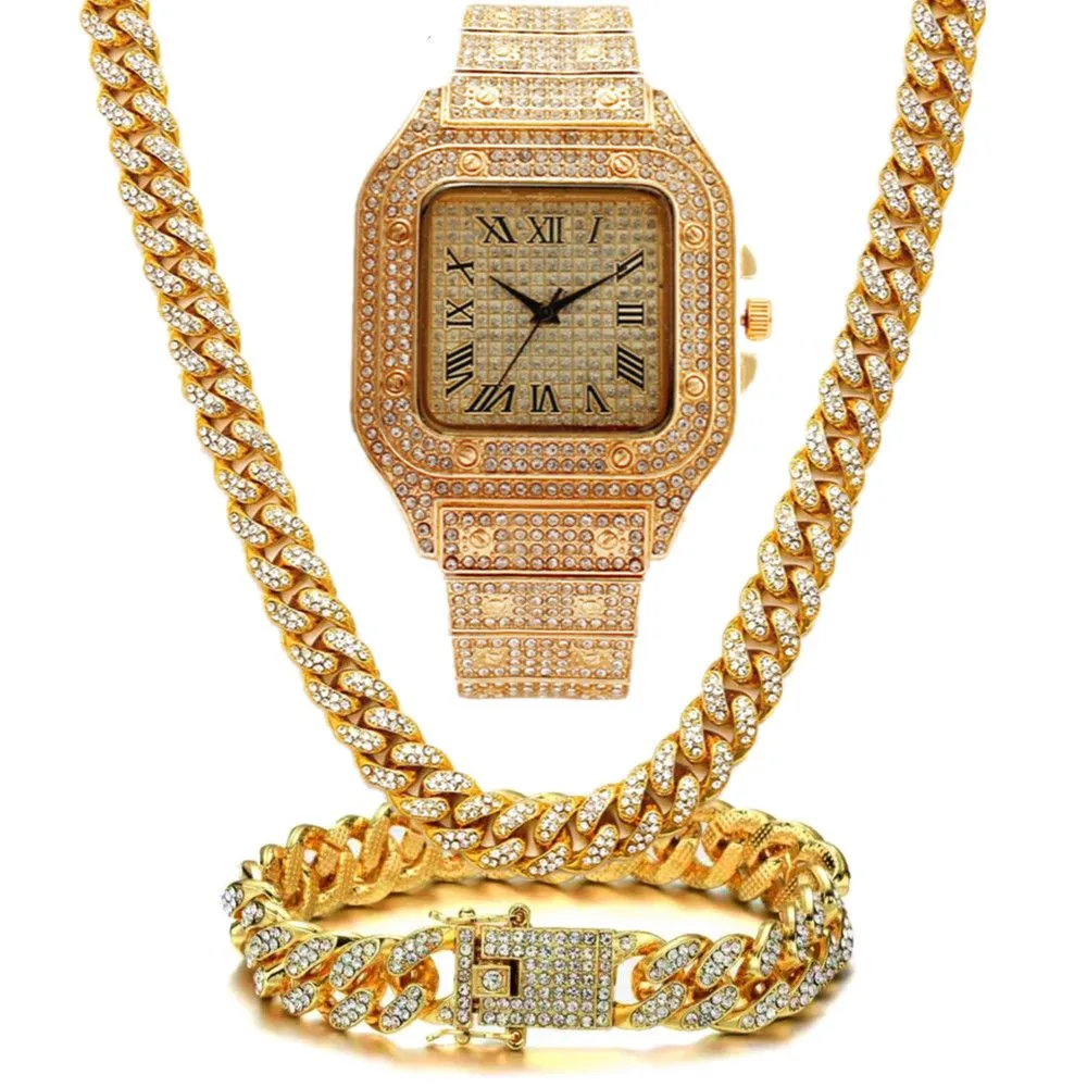 Luxury designer watch bust down watch full diamond watch necklace bracelet set Hip Hop diamond embedding fashion gold silver rose wholesale gift