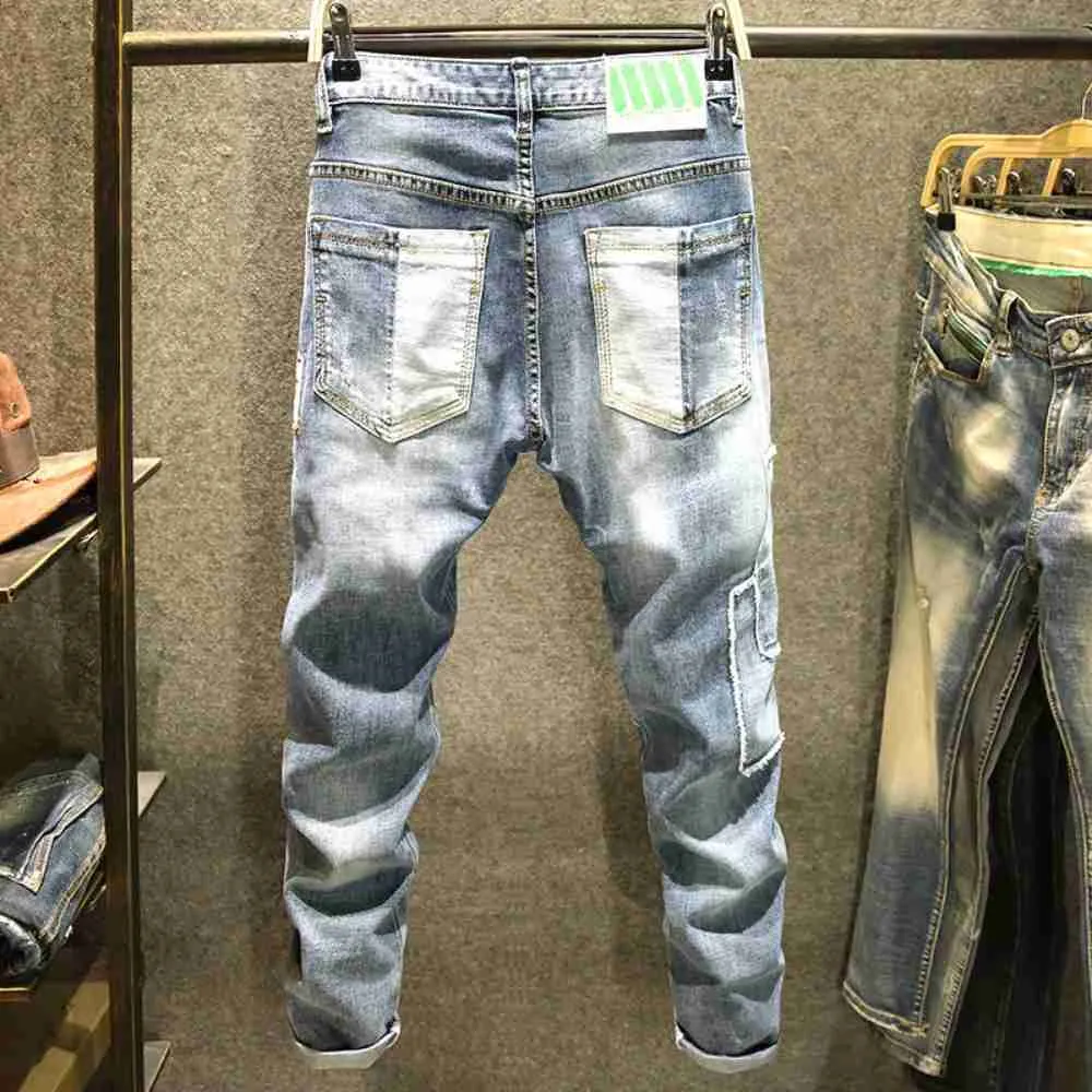 Summer Men Jeans Cargo Pants Streetwear Casual Light Blue Patchwork Jean  Mens Clothing Denim Trousers ropa pantalones hombre