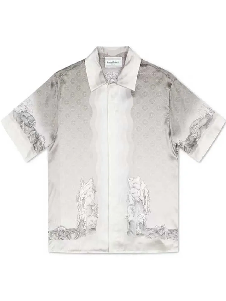 Camisa de botões CASABLANCA Guardian Gypsum Print preto e branco gradiente havaiano solta camisa de manga curta para homens e mulheres