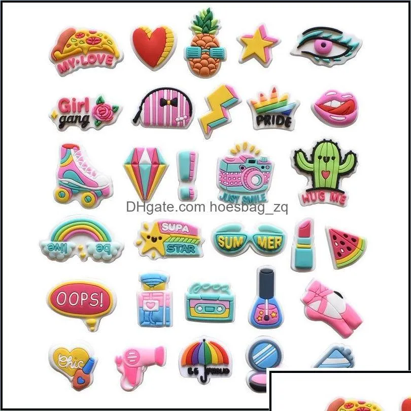 Sko delar tillbehör skor pvc flickor älskar makeup spänne charm dekoration jibitz för clog charms stift knappar mjuka gummi droppe dh3o6