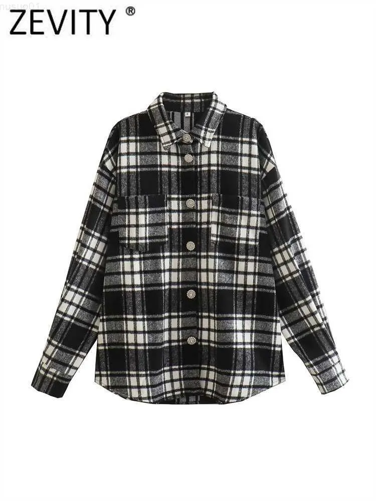 Women's Jackets ZEVITY Women Vintage Black White Plaid Diamond Button Jacket Coat Femme Double Pocket Patch Outerwear Chic Overshirt Tops CT2762 L230724