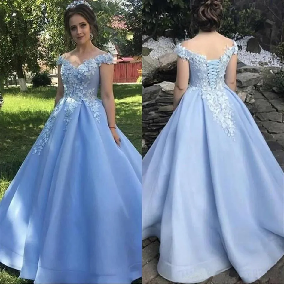 Fengyudress Light Blue Off ShourdeldA-Line Quinceanera Dressesアップリケ3D花の袖なしPleted Sweet 16 Prom Gowns291o