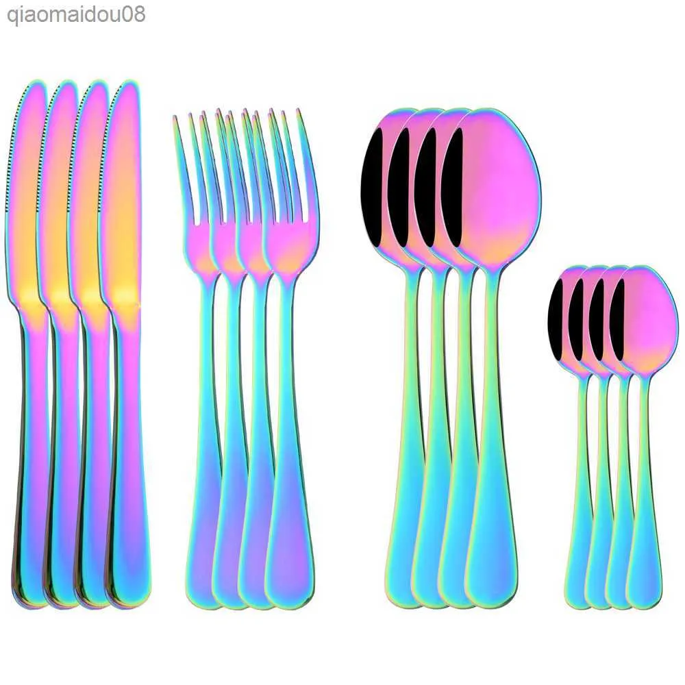 16Pcs Colorful Dinnerware Set Knife Forks Coffee Spoon Cutlery Set Stainless Steel Flatware Tableware Western Kitchen Silverware L230704