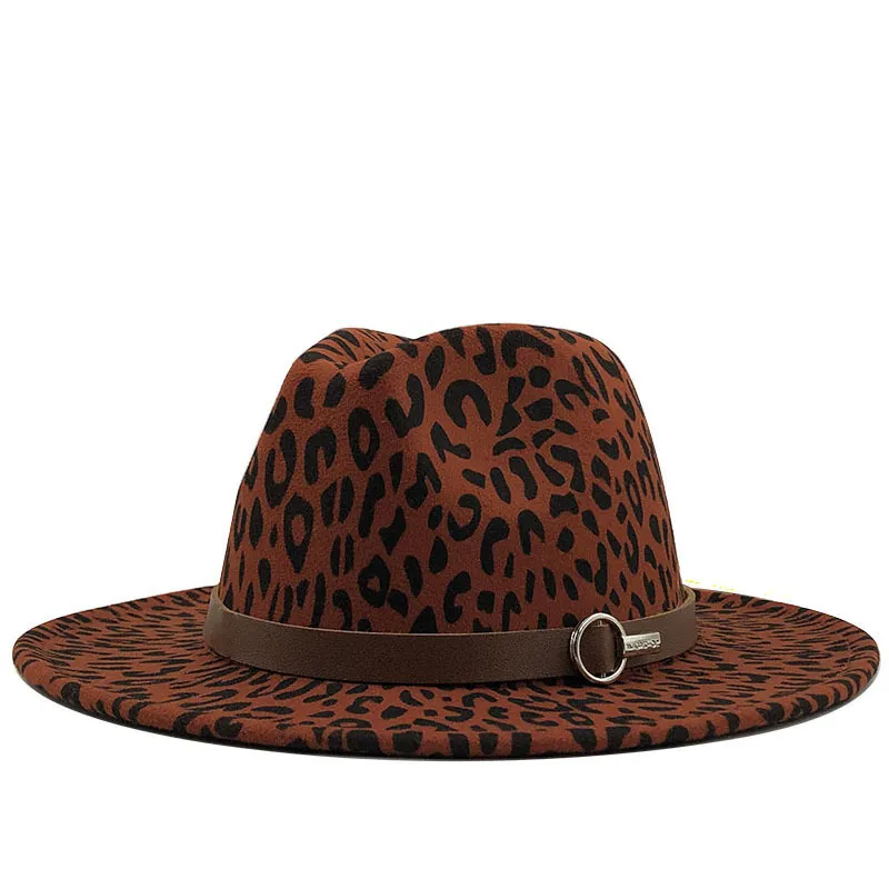 Leopardtryck fedora hattar för kvinnor mode platt brett brim panama ull filt jazz fedora mössa för män goth toppkyrka bröllopshatt