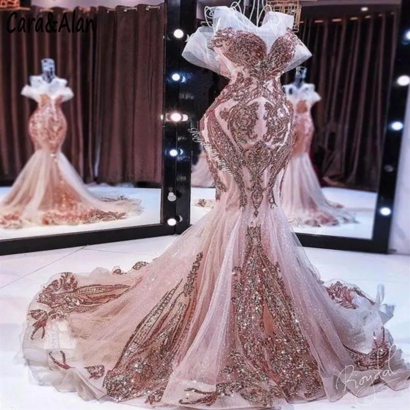 2021 Novos vestidos de noite sereia ouro rosa longos apliques de lantejoulas brilhantes frisados rabo de peixe vestido de baile robe de soiree229b
