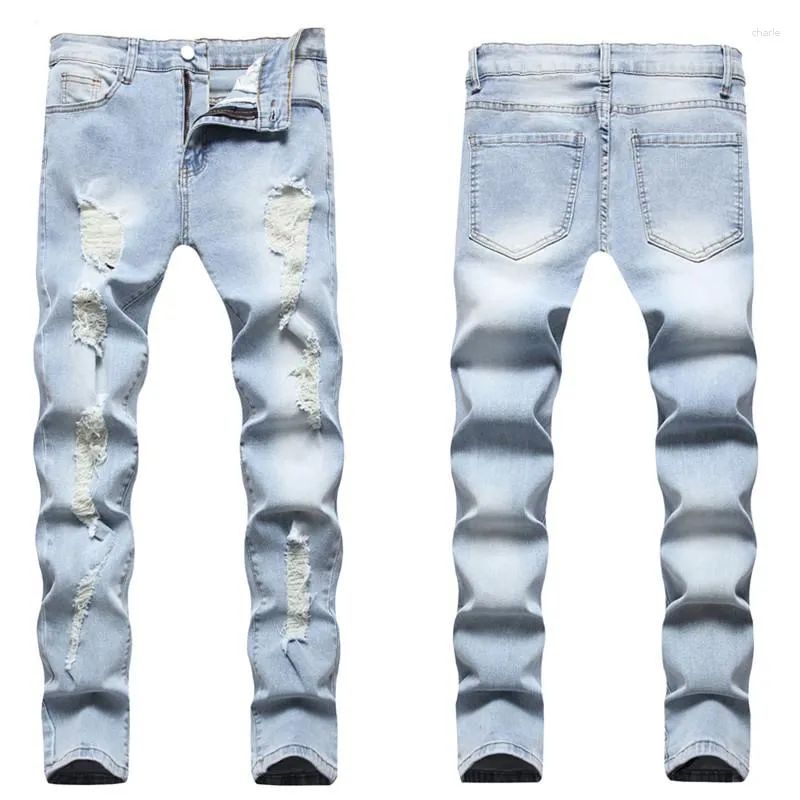 Мужские джинсы 2023 растягиваемое отверстие разрушены Маленькая нога повседневная джинсовая тренда ежедневно длинный четыре сезона