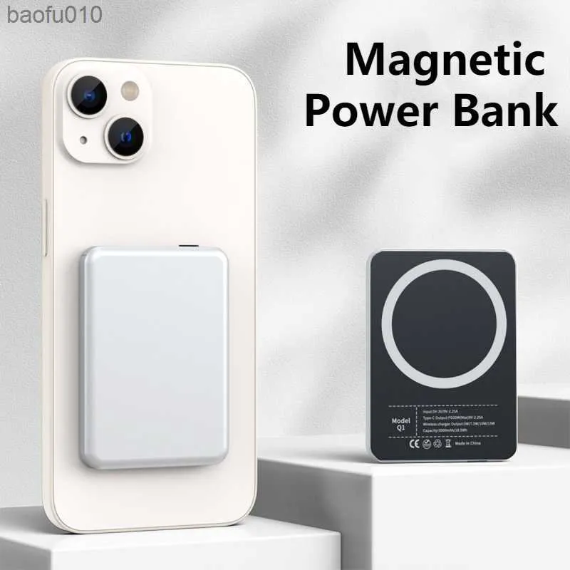 5000mah MacSafe PowerBank Metal Externt hjälpbatteri Slim Magnet Power Bank Wireless Charger för iPhone 12 13 14 Pro Max L230619