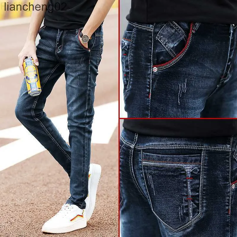 Fashion Men's Stretch Dark Blue Skinny For Men Casual Slim Fit Denim Pants Korean Style Male Trousers Jeans W0223 L230724