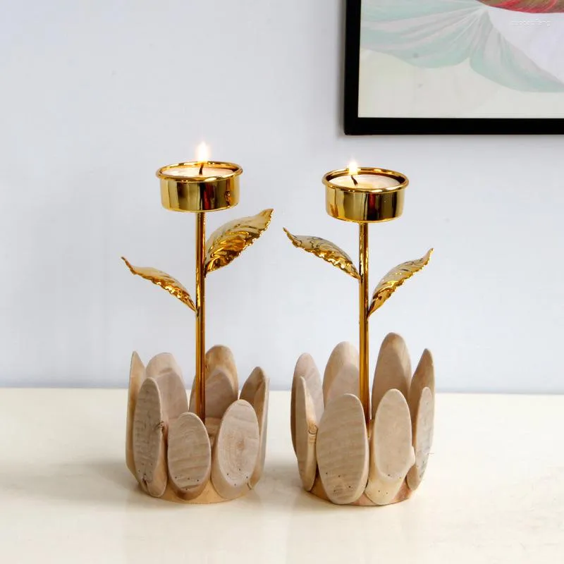 Ljusstakar kreativa guld trä tulpan blommamodellering hållare hem dekoration tillbehör lyx vardagsrum bordsskiva