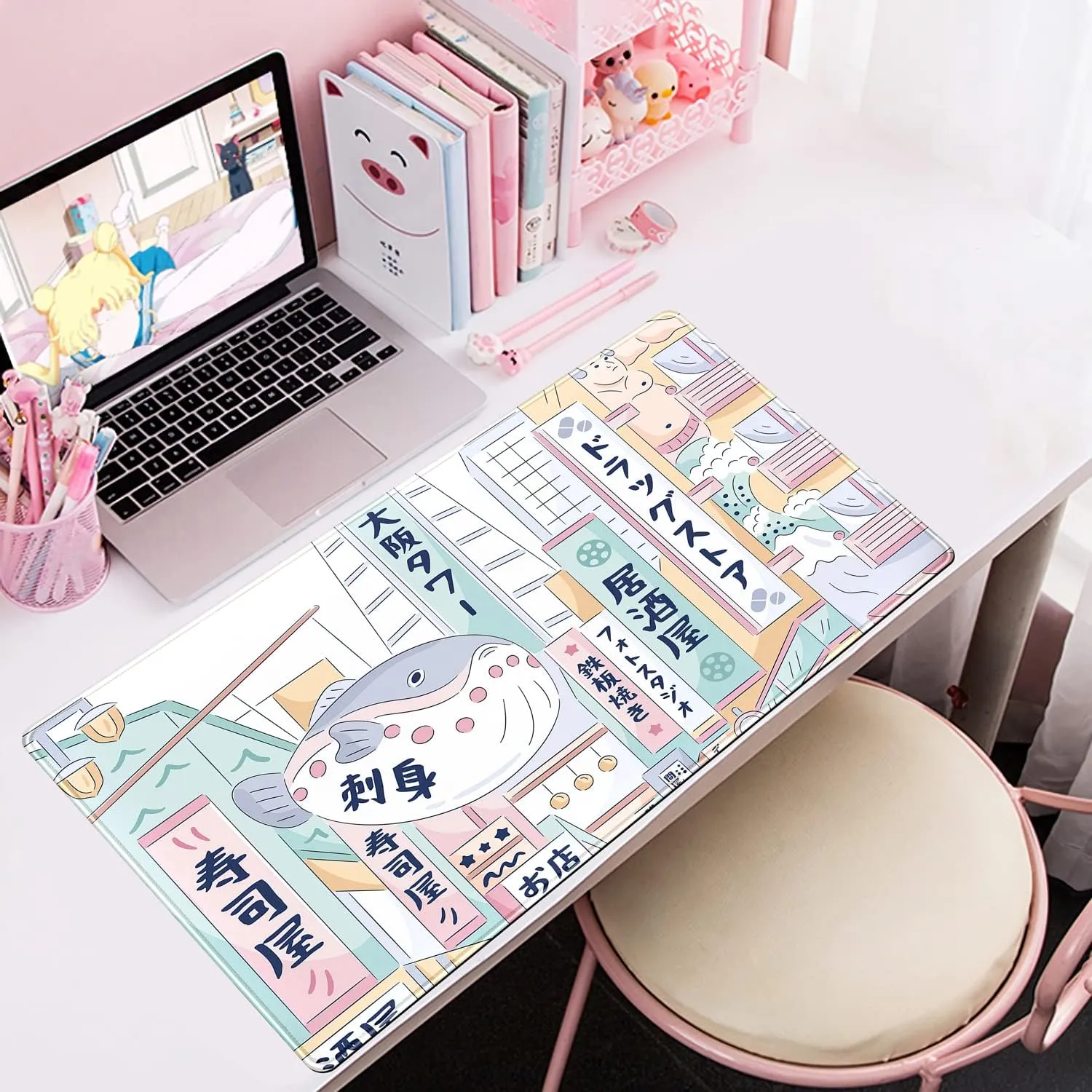 Śliczna japońska ilustracja na świeżym powietrzu Cute Desk Mat Kawaii 35.4x15.7 W Mousepad Mous