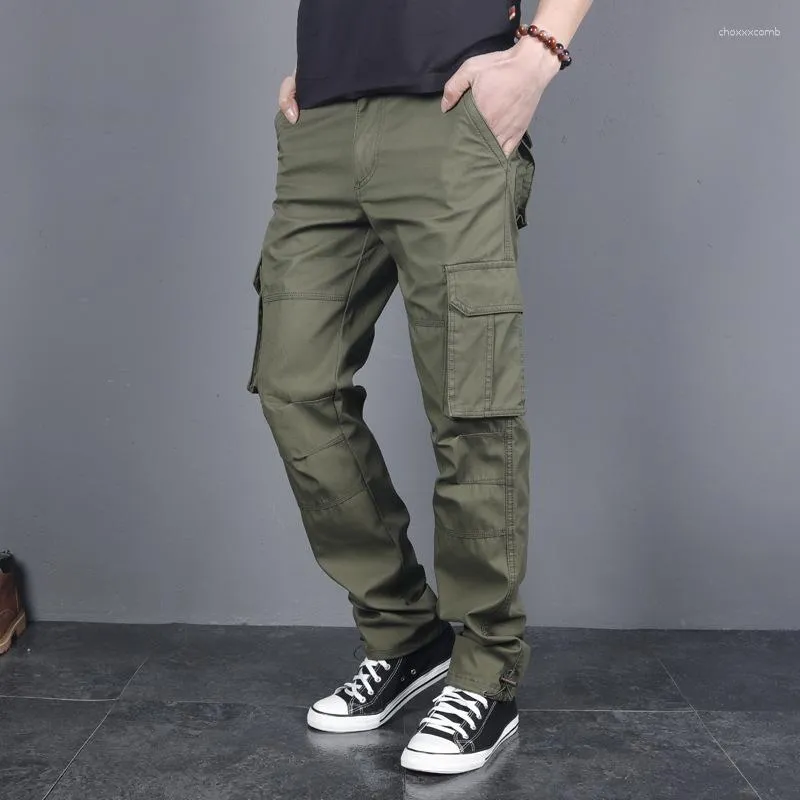 Mäns byxor Mens Militärlast Män overaller Army Green Grey Cotton Loose Multi-Pockets Straight Fit Casual Trousers Homme