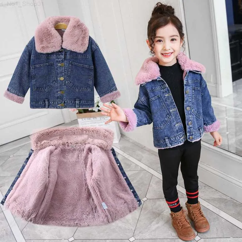 Pullover Girls 'Warm Denim Coat Winter Children's Fashionable Thick Velvet Warm Coat Baby Girls' Children's Door Jacket Suit Z230724