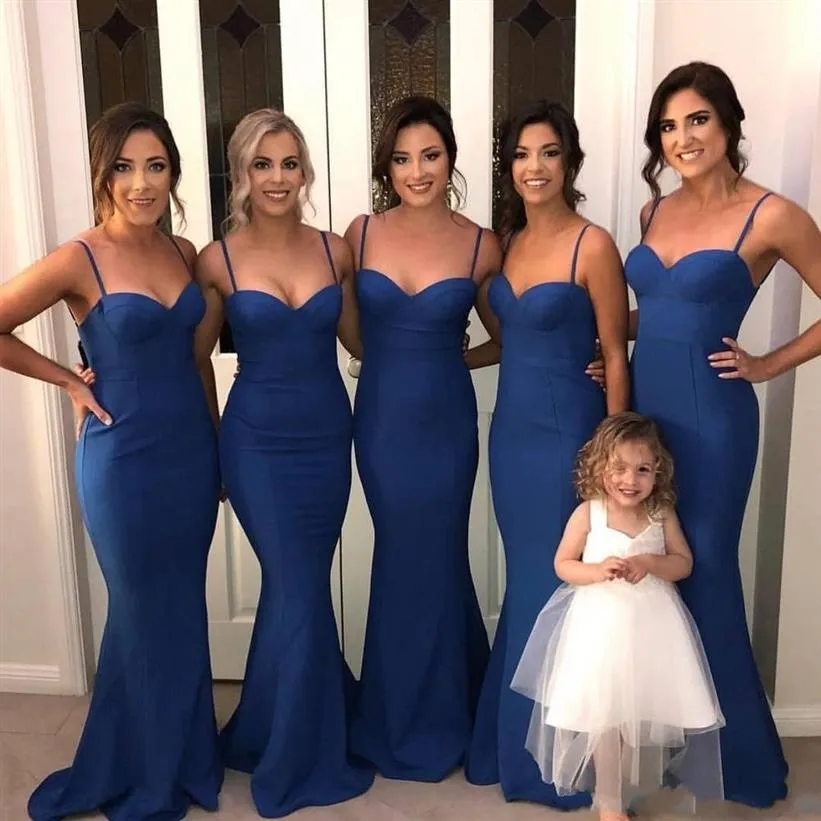 2020 Modest Royal Blue Satin Mermaid Bridesmaid Dresses Spaghetti Straps Ruched Wedding Guest Gowns Maid Of Honor Dress Plus Size2654