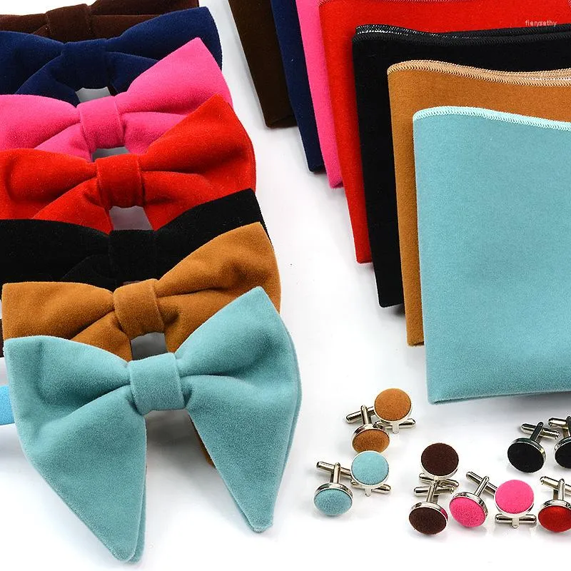 Pajaritas grandes pajaritas para hombre terciopelo bolsillo cuadrado boda matrimonio Color sólido Bowknots Gravatas de Vestidos gemelos conjuntos de corbata