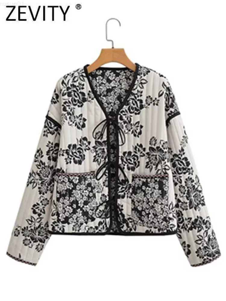 Giacche da donna Zevity Donna Vintage Double Floral Print Giacca in cotone con lacci Cappotto Donna Tasche a maniche lunghe Capispalla casual Chic Top CT2561 L230724