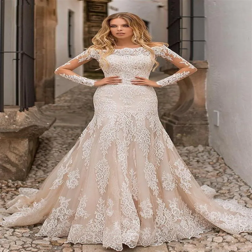 Champagne full spets bröllopsklänningar avtagbar kjol 2019 Ny off-the-shoulder långärmad sjöjungfru brudklänningar vestidos de noiva 180c