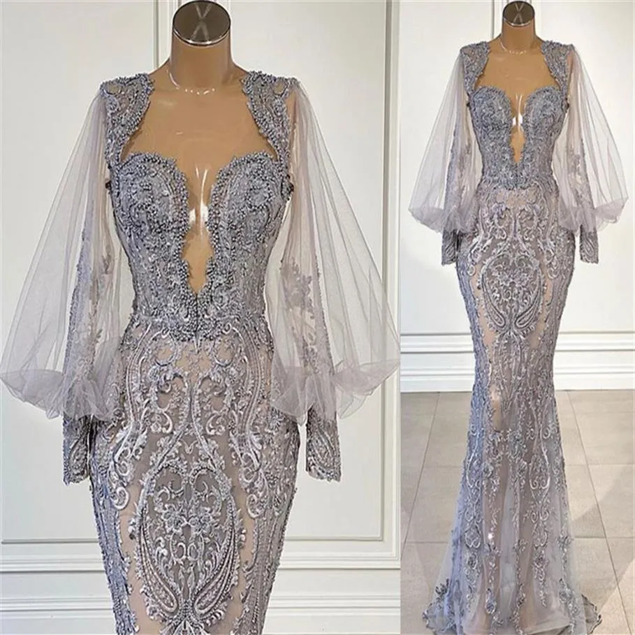 2021 Plus Size Arabic Aso Ebi Mermaid Lace Beaded Prom Dresses Sheer Neck Long Sleeves Evening Formal Party Second Reception Gowns242A