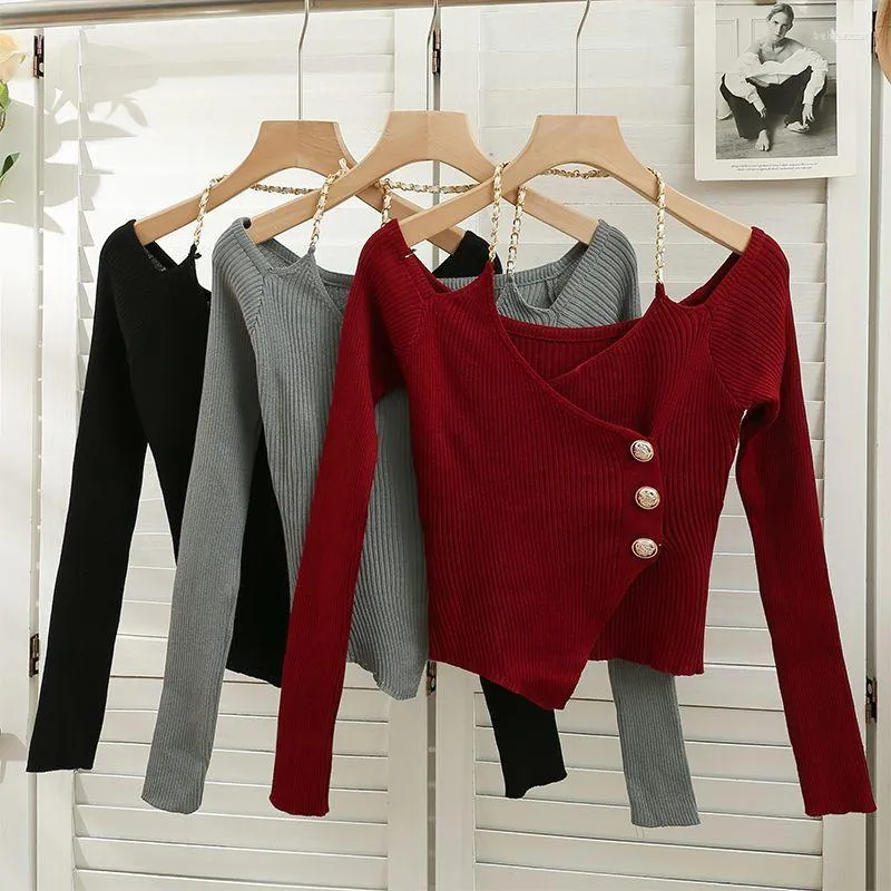 Suéteres femininos 2023 Sexy Christmas Red Pullover Slim Jersey Slash Off Shoulder Halter Sweatshirt Chain Irregular Tops Manga Longa Knit Bl
