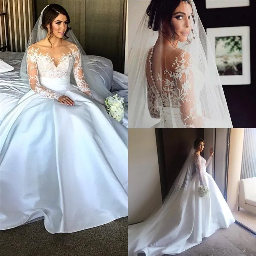 Aufgrund des langen Ärmels Neue Lace Princess Ball Kleid Hochzeitskleid Satin Applikes Custom Made Braut hochwertig abnehmbarer Zug247f