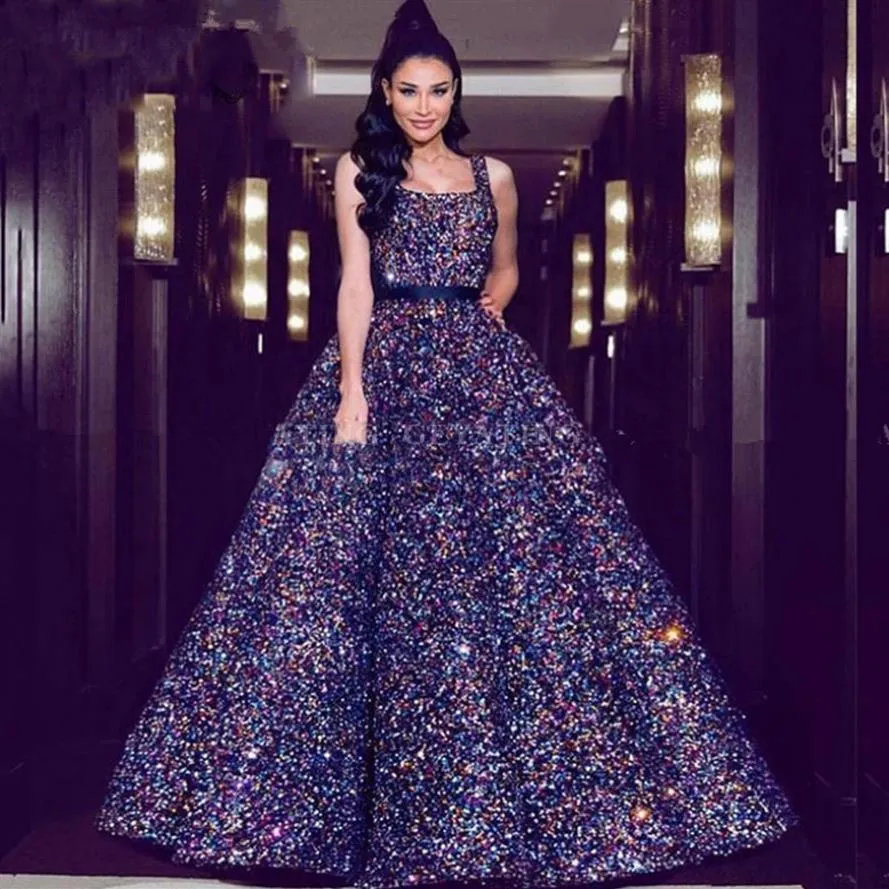 Arabic Sparkly Sequin Ball Gown Prom Dresses 2020 Dubai Square Spaghetti Straps Women Formal Evening Gown Vestido de quinceanera250k