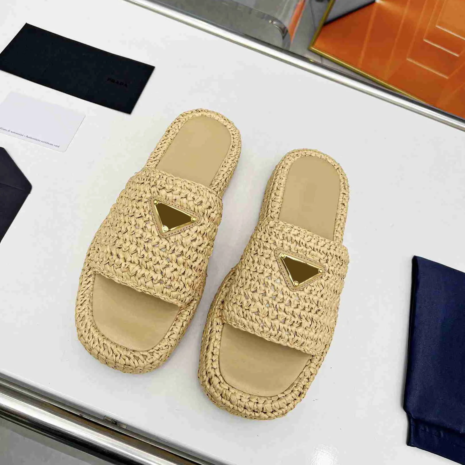 Woman Slippers Black Natural Fabric Flatform Sandals Woven Platform Mule Flip Flops Fashion Chunky Bottom Slide Summer Beach Rubber Sole 02