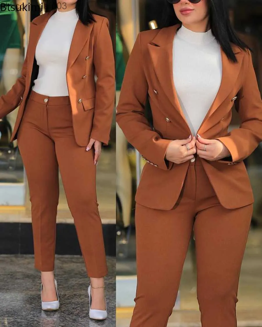 Kvinnors tvådelade byxor 2023 Kvinnors tvådelar Byxa Set Formal Business Two Chest Pioneer Jacket och byxa Tvådelar Elegant Women's Trouser Set Z230724