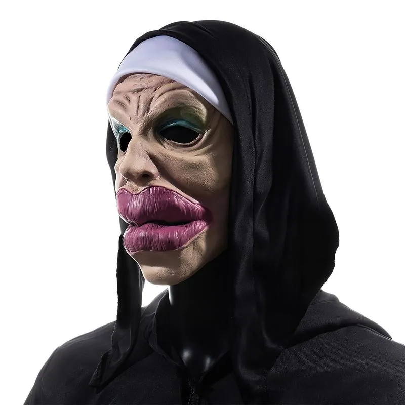 Big Lips Horror Nun Costume Mask Latex Halloween Costume For Woman Witch Scary Nun Cosplay Party Carnival Halloween Prop