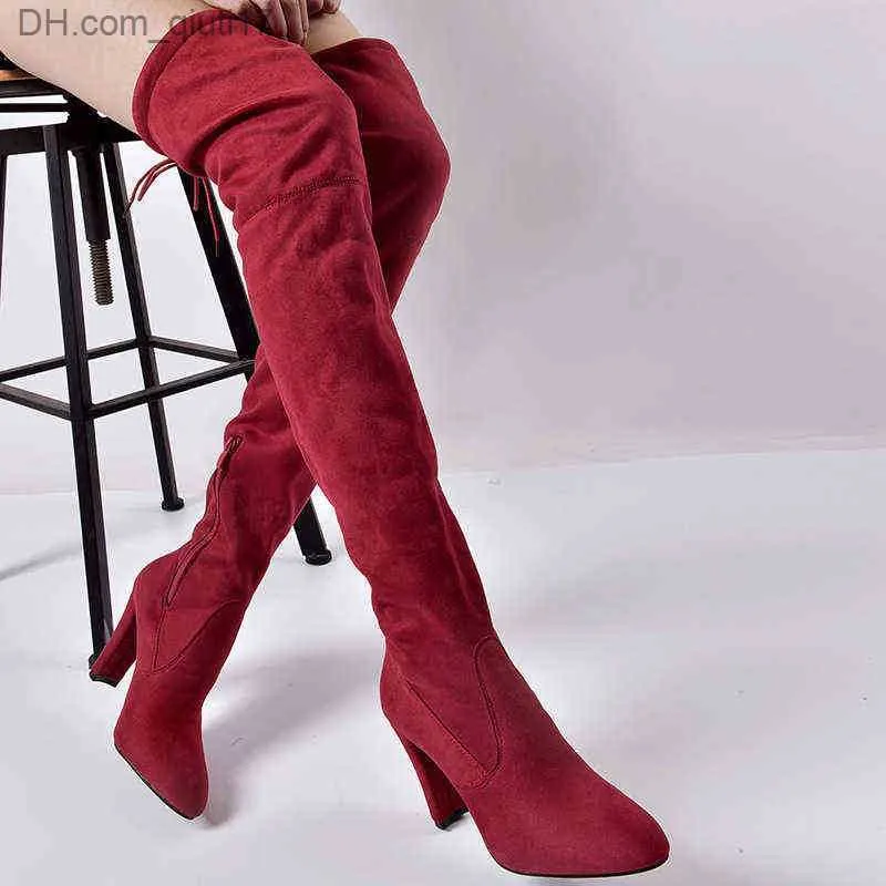 Boots Women Boots 2022 Sexy Party Fashion Suede Leather Shoe Over the Knee Heels Stretch Flock Winter High Botas Feminino 07193938410 Z230724