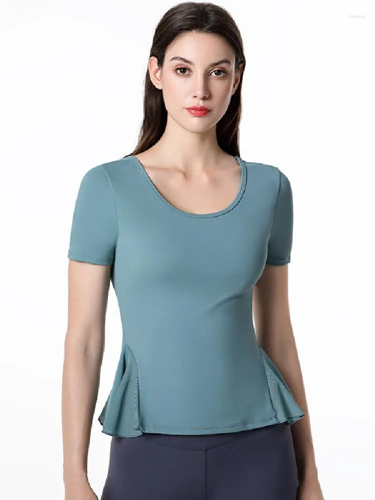 Camicie attive Top da yoga T-shirt da palestra traspiranti da donna T-shirt con cuciture in rete Top a maniche corte da donna Abbigliamento sportivo da corsa femminile