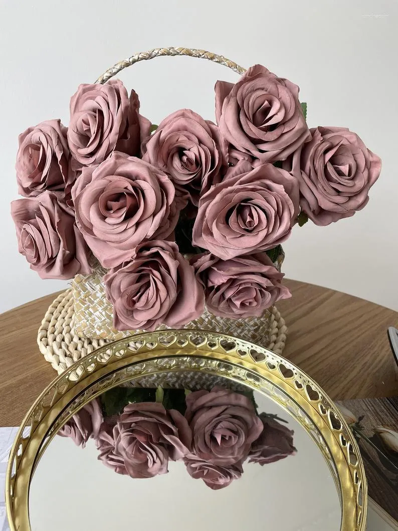 Flores decorativas 10 peças de seda rosa empoeirada com hastes longas artificiais a granel para decoração de escritório em casa de casamento