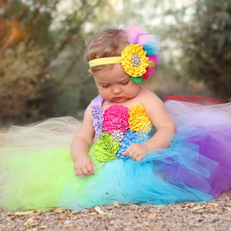 Vestido de tutu chique para meninas arco-íris vestido de festa florido fofo com faixa para a cabeça fantasia de foto de 1º aniversário TS092