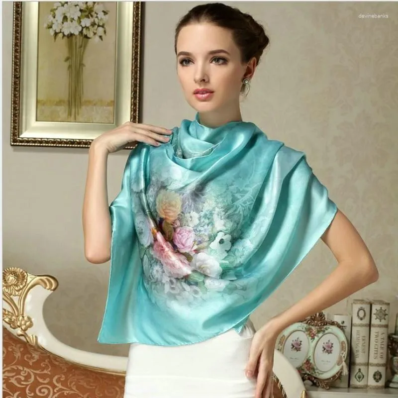Foulards chinois foulard en soie naturelle femmes soyeux longue grande flore imprimé Foulard Femme plage couvertures Bandanas