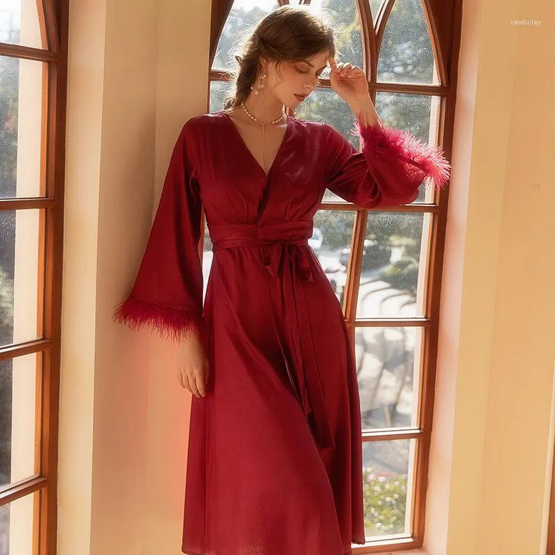 Vêtements de nuit pour femmes Bourgogne longue robe élégant satin kimono bain de nuit femmes sexy