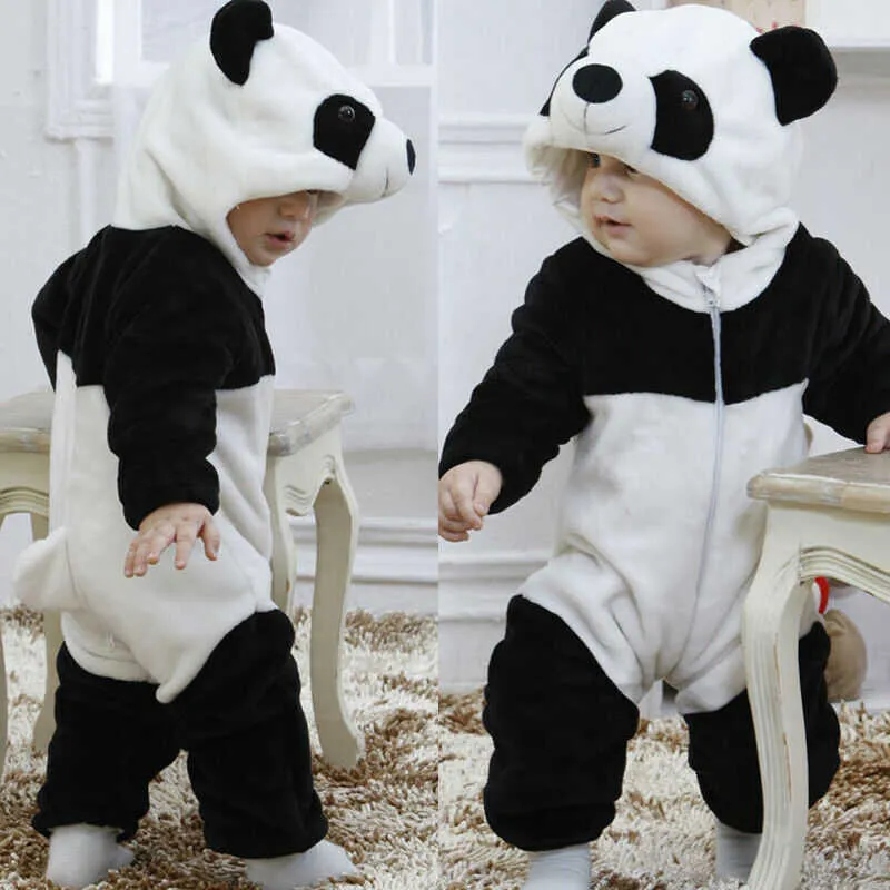 Newborn Baby Winter Jumpsuit With Panda Animal Hood Warm And Cozy