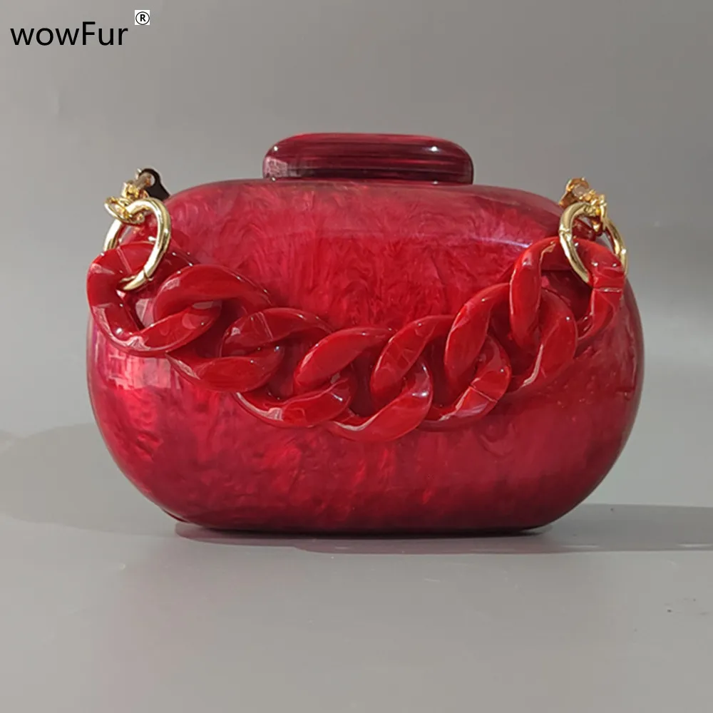 Kvällspåsar Pearl Red Oval With Harts Handle Acrylic Box Clutches Handväskor för kvinnor Mini Bag Axla Bohemian Party Wedding Purse 230724