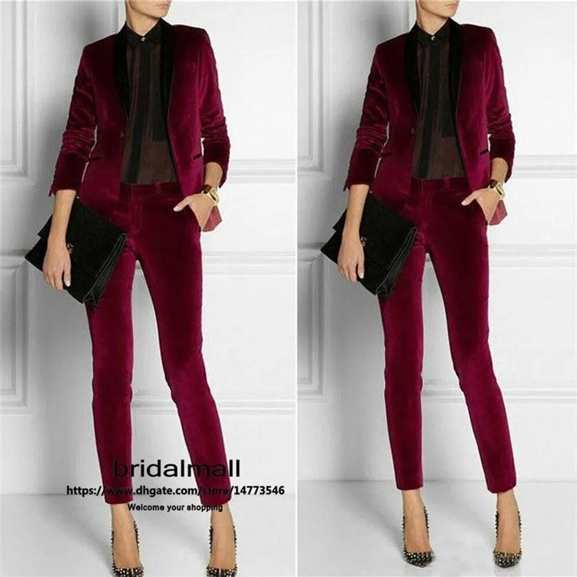 Bourgogne Velvet Women Ladies Pants Passar 2 stycken Mor till bruden passar formell affärskvinnokontor för bröllop J257N