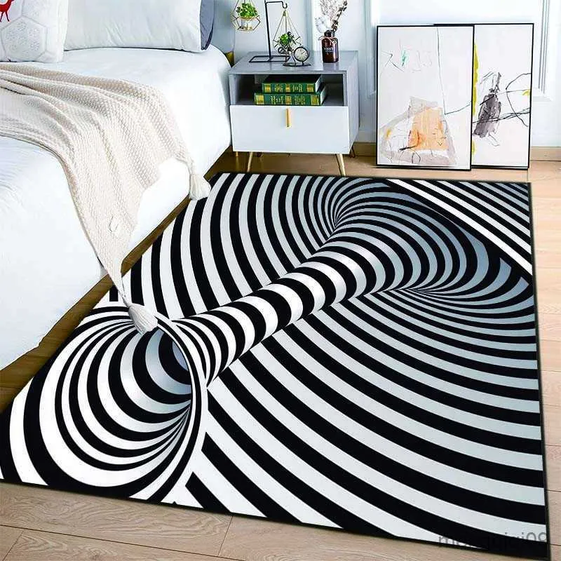 Tapis 3D Illusion Tapis Noir et Blanc pour Chambre Tapis de Sol Abstrait Géométrique Optique Vertigo Tapis Antidérapant Salon Décor R230725