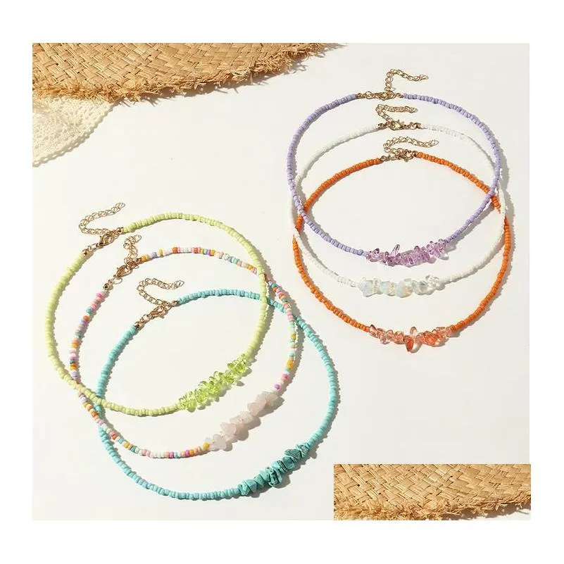 Collane di perline Colorf Perline di semi Chocker Boho Collana di perline arcobaleno Pietra preziosa naturale Turchese Ametista Pietra per le donne Summer Beach Dhqel