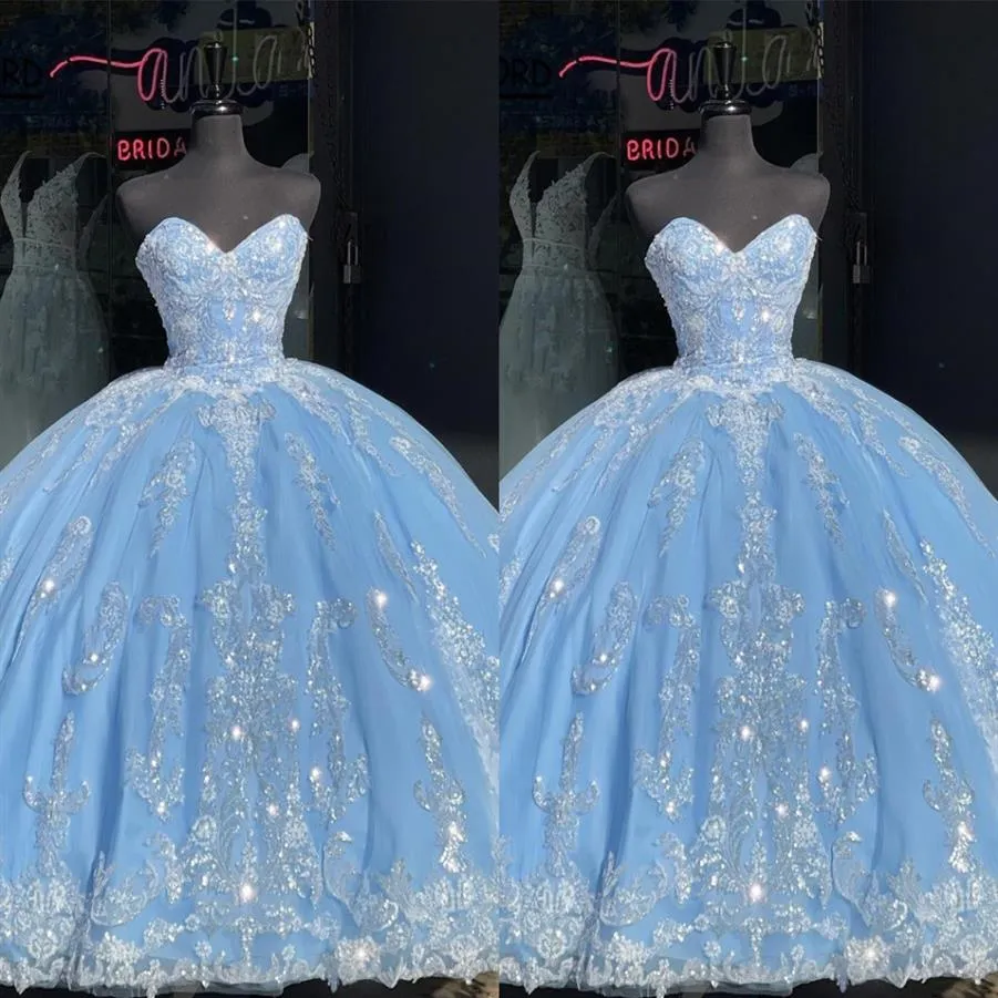 Bling Ivory cekiny aplikacje Prom Quinceanera sukienki lekkie niebo błękitne bez ramiączki gorset bez pleców księżniczka formalna sukienka wieczór sweet263m