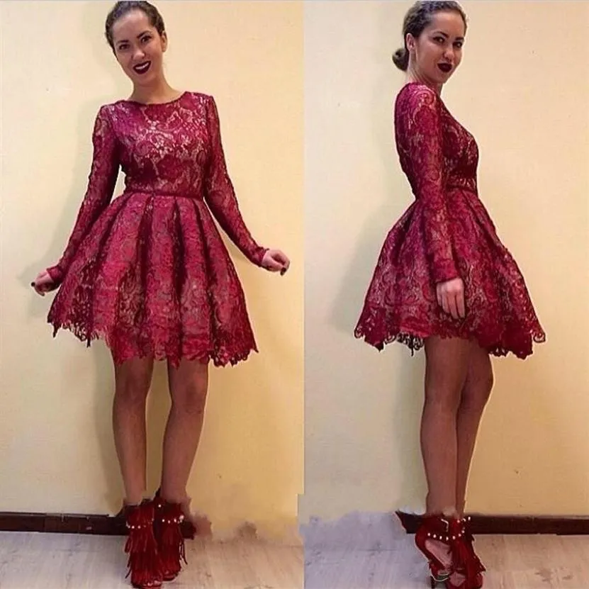 2019 novo bordô curto linha A vestidos de baile de renda elegante gola redonda mangas compridas doces 16 meninas vestidos de festa 8ª formatura222n