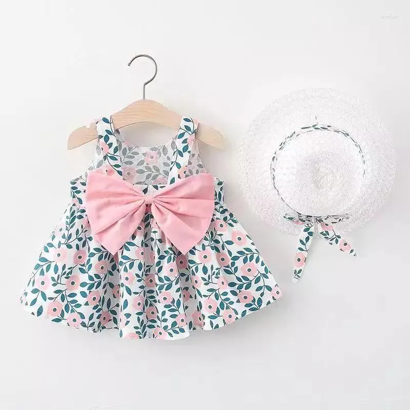 Fille Robes Chapeau Robe Ensembles Pour Bébé Vêtements D'été Sans Manches Arc Floral Jupe Enfants Costume Casual Plage Style Coréen