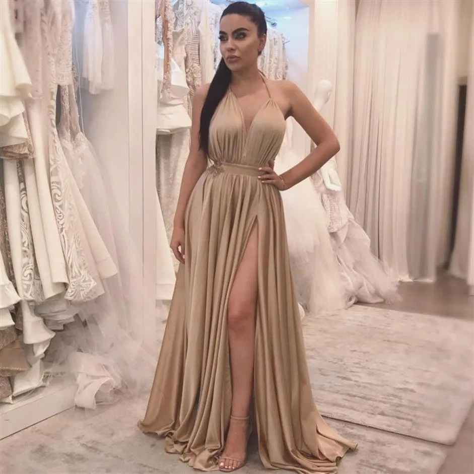 Champagne Sexy Side Split Prom Dresses Simples Halter Floor Length elegante vestidos formais de noite 2020 African Prom Party Vestidos292J