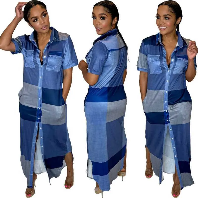 Robes décontractées femmes Maxi robe Desinger vêtements mode couleur contrastée Plaid bouton fendu robe chemise ample